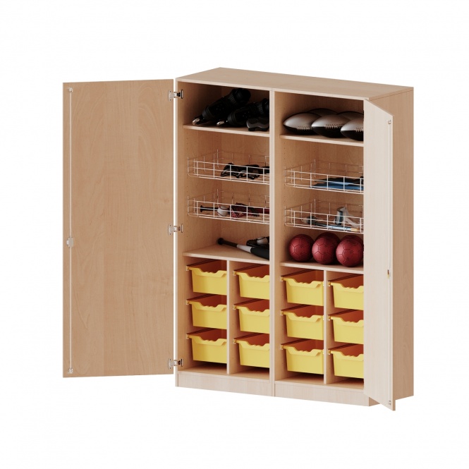 Sportschrank, 5 OH, 4 Ballkörbe, 12 hohe Boxen, B/H/T 140,6x190x60cm 